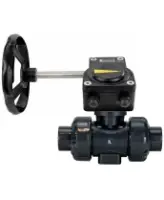 Кран шаровой DN.ru BV4242E-FP-GRM-ISO Дн50 Ру10 полнопроходной, клеевой с разборным муфтовым соединением, корпус - НПВХ, шар - НПВХ, уплотнение - EPDM, с редуктором DN.ru HAM RQN1-180ZT40