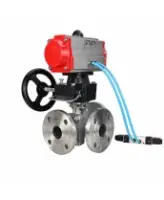 Кран шаровой DN.ru BV3232P(2pc)-FP-3WL-F-ISO-H Ду20 Ру16 HYMT, трехходовой L-тип, полнопроходной, фланцевый, корпус - нержавеющая сталь SS316, с пневмоприводом PA-DA-052, пневмораспределителем 4V320-08 AC220V и ручным дублером MON1-250-T26-ISO