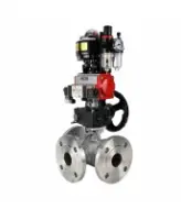 Кран шаровой DN.ru BV3232P(2pc)-FP-3WL-F-ISO-H Ду20 Ру16 HYMT трехходовой L-тип, полнопроходной, фланцевый, корпус - нерж.сталь AISI316, пн.привод PA-DA-052, пн.распредел 4M320-08 AC220V, руч.дублер MON1-250-T26-ISO, БКВ APL-510N EX и БПВ AFC2000