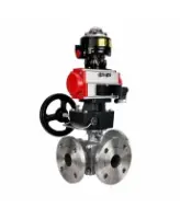 Кран шаровой DN.ru BV3232P(2pc)-FP-3WL-F-ISO-H Ду20 Ру16 HYMT, трехходовой L-тип, полнопроходной, фланцевый, корпус - нержав.сталь SS316, с пн.приводом PA-DA-052, пн.распределителем 4M310-08 AC220V, ручным дублером MON1-250-T26-ISO и БКВ APL-510N EX
