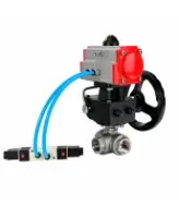 Кран шаровой DN.ru BV3232P(4pc)-SP-3WT-T-ISO-H WDVF Ду25 Ру63 стандартнопроходной, 3-ходовой Т-тип, внутренняя резьба, нержавеющая сталь AISI 316, с пневмоприводом PA-DA-065, пневмораспределителем 4V320-08 AC220V и ручным дублером MON1-250-T26-ISO