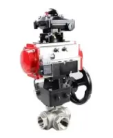 Кран шаровой DN.ru BV3232P(4pc)-SP-3WL-T-ISO-H 2 1/2″ Ду65 Ру40 стандартнопроходной трехходовой L-тип, нерж. сталь SS316, внутренняя резьба, PTFE, с пн.приводом PA-DA-083 пн.распределителем 4V320-08 AC220V редуктором MON2-450-T28-ISO БКВ APL-510N-EX