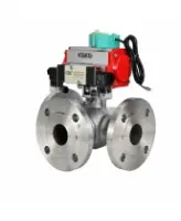 Кран шаровой DN.ru BV3232P(2pc)-FP-3WL-F-ISO-H Ду20 Ру16 HYMT трехходовой L-тип, полнопроходной, фланцевый, корпус - нержавеющая сталь AISI316, с пневмоприводом PA-DA-052, пневмораспределителем 4M320-08 AC220V и магнитным переключателем ALS200D