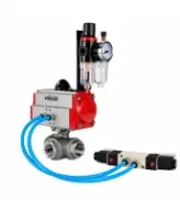 Кран шаровой DN.ru BV3232P(4pc)-SP-3WT-T-ISO-H WDVF Ду25 Ру63 стандартнопроходной, 3-ходовой Т-тип, внутренняя резьба, нержавеющая сталь AISI 316, PTFE, с пневмоприводом PA-DA-065, пневмораспределителем 4V320-08 AC220V и БПВ AFC2000