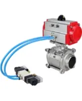 Кран шаровой DN.ru BV3232P(3pc)-FP-W-ISO-H WDVF Ду40 Ру40 полнопроходной, трехсоставной, корпус - нержавеющая сталь 316, уплотнение - PTFE, под приварку, с пневмоприводом PA-SA-105, пневмораспределителем 4V320-08 AC220V