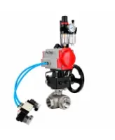 Кран шаровой DN.ru BV3232P(4pc)-SP-3WL-T-ISO-H WDVF Ду65 Ру40 стандартнопроходной, 3-ходовой L-тип, внутренняя резьба, с пневмоприводом PA-DA-105, пневмораспределителем 4V320-08 AC220V, БПВ AFC2000 и ручным дублером MON2-450-T28-ISO