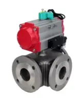Кран шаровой DN.ru BV3232P(4pc)-FP-3WL-F-ISO-H Ду100 Ру16 полнопроходной трехходовой L-тип, фланцевый, корпус - нержавеющая сталь SS316, уплотнение - PTFE, пневмопривод PA-DA-105, пневмораспределитель 4M310-08 AC220V и магнитным переключателем ALS200D