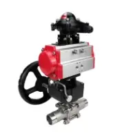 Кран шаровой DN.ru BV3232P(3pc)-FP-W-ISO-H LONG Ду65 Ру25 полнопроходной, корпус - нержавеющая сталь 316, уплотнение - PTFE, под приварку, с пневмоприводом DN.ru PA-DA-083, редуктором DN.ru MON2-450-T28-ISO и БКВ APL-210N