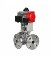Кран шаровой DN.ru BV3232P(2pc)-FP-3WL-F-ISO-H Ду20 Ру16 HYMT, трехходовой L-тип, полнопроходной, фланцевый, корпус - нержавеющая сталь SS316, с пневмоприводом PA-DA-052 и пневмораспределителем 4M310-08 24В NAMUR