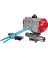 Кран шаровой DN.ru BV3232P(3pc)-FP-W-ISO-H LONG Ду80 Ру25 полнопроходной, корпус - нержавеющая сталь 316, уплотнение - PTFE, под приварку, с пневмоприводом DN.ru PA-SA-130 и пневмораспределителем 4V320-08 AC220V