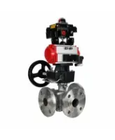 Кран шаровой DN.ru BV3232P(2pc)-FP-3WL-F-ISO-H Ду20 Ру16 HYMT, трехходовой L-тип, полнопроходной, фланцевый, корпус - нержав.сталь SS316, с пн.приводом PA-DA-052, пн.распределителем 4M310-08 AC220V, ручным дублером MON1-250-T26-ISO и БКВ APL-410N EX