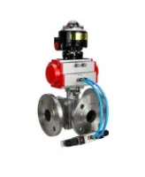 Кран шаровой DN.ru BV3232P(2pc)-FP-3WL-F-ISO-H Ду20 Ру16 HYMT, трехходовой L-тип, полнопроходной, фланцевый, корпус - нержавеющая сталь SS316, с пневмоприводом PA-DA-052, пневмораспределителем 4V320-08 AC220V и БКВ APL-510N EX