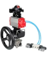 Кран шаровой DN.ru BV3232P(3pc)-FP-W-ISO-H Ду40 Ру40, полнопроходной, трехсоставной, нержавеющая сталь 316, PTFE, под приварку, с пневмоприводом PA-DA-083, пневмораспределителем 4V320-10 AC220V, БКВ APL-210N, ручным дублером MON2-450-T28-ISO
