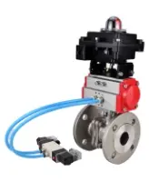 Кран шаровой DN.ru BV3232P(2pc)-FP-F-ISO-H Ду80 Ру16, полнопроходной фланцевый, нержавеющая сталь SS316, уплотнение - PTFE, с пневмоприводом PA-SA-130 с возвратными пружинами, с пневмораспределителем 4V320-08 AC220V, с БКВ APL-410N EX