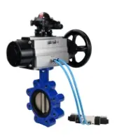 Затвор дисковый поворотный DN.ru WBV1616E-2W-Fb-H Ду125 Ру16 LUG корпус - чугун QT450, диск - чугун QT450, уплотнение - EPDM, с пневмоприводом DN.ru PA-DA-105-1, пневмораспределителем 4V320-08 AC220V и БКВ APL-210N