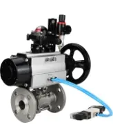 Кран шаровой DN.ru BV3131P(3pc)-FP-F-ISO-H Ду100 Ру16 полнопроходной трехсоставной, фланцевый, нержавеющая сталь 304, PTFE, 22х22, F10, WDVF, с пневмоприводом DN.ru PA-DA-105-1, пневмораспределителем 4V320-08 AC220V, БКВ APL-210N и БПВ AFC2000