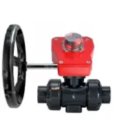 Кран шаровой DN.ru BV4242E-FP-GRM-ISO Дн50 Ру10 полнопроходной, клеевой с разборным муфтовым соединением, корпус - НПВХ, шар - НПВХ, уплотнение - EPDM, с редуктором DN.ru HGBF RQN1-180Z с визуальным указателем положения и датчиком обратной связи