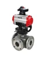 Кран шаровой DN.ru BV3232P(4pc)-FP-3WL-F Ду65 Ру16 полнопроходной трехходовой, фланцевый, корпус - нержавеющая сталь SS316, с пневмоприводом DN.ru PA-DA-083, пневмораспределителем 4M310-08 AC220V, БКВ APL-210N и ручным дублером MON2-450-T28-ISO