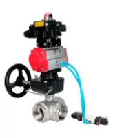 Кран шаровой DN.ru BV3232P(4pc)-SP-3WL-T-ISO-H Ду80 Ру40, стандартнопроходной, нержавеющая сталь 316, PTFE, внутренняя резьба, с пневмоприводом PA-DA-083, пневмораспределителем 4V320-08 AC220V, БКВ APL-410N Ex, ручным дублером MON2-450-T28-ISO