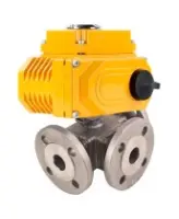 Кран шаровой DN.ru BV3232P(4pc)-FP-3WL-F-ISO-H Ду15 Ру16 полнопроходной трехходовой, нержавеющая сталь SS316, фланцевый, уплотнение - PTFE, с электроприводом четвертьоборотным DN.ru QT-N-003EM-O1-220VAC-У1