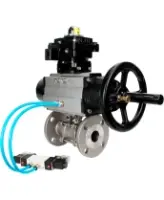 Кран шаровой DN.ru BV3131P(3pc)-FP-F-ISO-H Ду100 Ру16 полнопроходной трехсоставной, фланцевый, нержавеющая сталь 304, уплотнение - PTFE, 22х22, F10, WDVF, с пневмоприводом DN.ru PA-DA-105-1, пневмораспределителем 4V320-08 AC220V и БКВ APL-410N EX