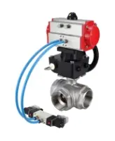 Кран шаровой DN.ru BV3232P(4pc)-SP-3WL-T-ISO-H Ду80 Ру40, стандартнопроходной, четырехсоставной, нержавеющая сталь 316, PTFE, внутренняя резьба, с пневмоприводом PA-DA-083, пневмораспределителем 4V320-08 AC220V, ручным дублером MON2-450-T28-ISO