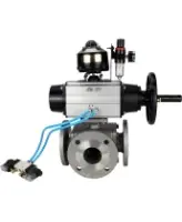 Кран шаровой DN.ru BV3232P(4pc)-FP-3WL-F Ду100 Ру16 полнопроходной трехходовой, фланцевый, корпус - нержавеющая сталь SS316, с пневмоприводом DN.ru PA-DA-105-1, пневмораспределителем 4V320-08 AC220V, БКВ APL-510N EX и БПВ AFC2000