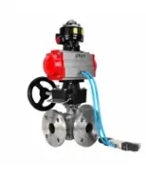 Кран шаровой DN.ru BV3232P(2pc)-FP-3WL-F-ISO-H Ду20 Ру16 HYMT, трехходовой L-тип, полнопроходной, фланцевый, нержав.сталь SS316, с пневмоприводом PA-DA-052, пневмораспределителем 4V320-08 AC220V, ручным дублером MON1-250-T26-ISO и БКВ APL-510N EX