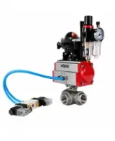 Кран шаровой DN.ru BV3232P(4pc)-SP-3WT-T-ISO-H WDVF Ду25 Ру63 стандартнопроходной, 3-ходовой Т-тип, внутренняя резьба, нержавеющая сталь AISI 316, PTFE, с пневмоприводом PA-DA-065, пневмораспределителем 4V320-08 AC220V, БКВ APL-210N и БПВ AFC2000