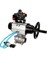 Кран шаровой DN.ru BV3232P(3pc)-FP-W-ISO-H Ду80 Ру25, полнопроходной, трехсоставной, нержавеющая сталь 316, уплотнение - PTFE, под приварку, с пневмоприводом PA-DA-105-1, пневмораспределителем 4V320-08 AC220V, БКВ APL-410N Ex