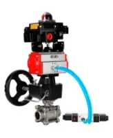 Кран шаровой DN.ru BV3232P(3pc)-FP-W-ISO-H WDVF Ду40 Ру40 полнопроходной, трехсоставной, нерж. сталь 316, PTFE, под приварку, с пневмоприводом PA-DA-065, пн.распределителем 4V320-08 AC220V, БКВ APL-410N EX, ручным дублером MON1-250-T26-ISO