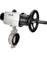 Затвор дисковый поворотный DN.ru WBV3131V-2W-Fb-H Ду150 Ру16 межфланцевый, корпус - нержавеющая сталь 304, диск - нержавеющая сталь 304, уплотнение - VITON, с пневмоприводом PA-DA-105-1 двойного действия со штурвалом