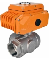 Кран шаровой DN.ru BV3232P(4pc)-SP-3WT-T-ISO-H Ду50 Ру63 стандартнопроходной T-тип, трехходовой, нержавеющая сталь, внутренняя резьба, уплотнение - PTFE, с эл. приводом DN.ru E34-N-005EM-O1-220VAC-У1