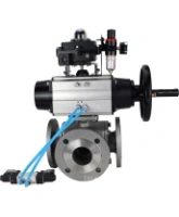 Кран шаровой DN.ru BV3232P(4pc)-FP-3WL-F Ду100 Ру16 полнопроходной трехходовой, фланцевый, корпус - нержавеющая сталь SS316, с пневмоприводом DN.ru PA-DA-105-1, пневмораспределителем 4V320-08 AC220V, БКВ APL-410N EX и БПВ AFC2000