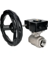 Кран шаровой DN.ru BV3232P(2pc)-FP-T-ISO-H 1 1/2″ Ду40 Ру63 полнопроходной двухходовой, нержавеющая сталь SS316, внутренняя резьба, уплотнение - PTFE, с редуктором DN.ru HAM RQN1-180Z-T40