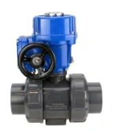 Кран шаровой DN.ru BV4242E-FP-GRM-ISO Дн50 Ру10 полнопроходной, корпус - НПВХ, шар - НПВХ, уплотнение - EPDM, с электроприводом DN.ru QT-N-005M-O2-220VAC-У1 с моментной муфтой и штурвалом