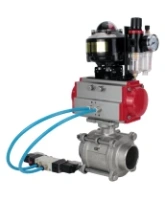 Кран шаровой DN.ru BV3232P(3pc)-FP-W-ISO-H WDVF Ду40 Ру40 полнопроходной, трехсоставной, корпус - нержавеющая сталь 316, уплотнение - PTFE, под приварку, с пневмоприводом PA-SA-105, пневмораспределителем 4V320-08 AC220V, БКВ APL-510N EX, БПВ AFC2000