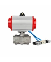 Кран шаровой DN.ru BV3232P(4pc)-SP-3WL-T-ISO-H WDVF Ду40 Ру63 стандартнопроходной, 3-ходовой L-тип, внутренняя резьба, корпус - нержавеющая сталь AISI 316, уплотнение - PTFE, с пневмоприводом PA-SA-130 и пневмораспределителем 4V320-10 AC220V