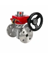 Кран шаровой DN.ru BV3232P(2pc)-FP-3WL-F-ISO-H Ду20 Ру16 HYMT, трехходовой L-тип, полнопроходной, фланцевый, корпус - нержавеющая сталь SS316, с редуктором HGBF RQN1-180Z с визуальным указателем положения и датчиком обратной связи
