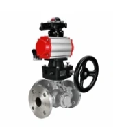 Кран шаровой DN.ru BV3232P(2pc)-FP-3WL-F-ISO-H Ду20 Ру16 HYMT, трехходовой L-тип, полнопроходной, фланцевый, корпус - нержав.сталь SS316, с пневмоприводом PA-DA-052, пн.распределителем 4M310-08 AC220V, ручным дублером MON1-250-T26-ISO и БКВ APL-210N