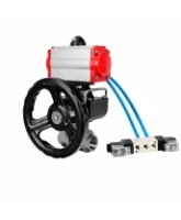 Кран шаровой DN.ru BV3232P(4pc)-SP-3WT-T-ISO-H WDVF Ду25 Ру63 стандартнопроходной, 3-ходовой Т-тип, внутренняя резьба, нержавеющая сталь AISI 316, с пневмоприводом PA-DA-065, пневмораспределителем 4V320-08 AC220V и ручным дублером MON1-250-T26-ISO