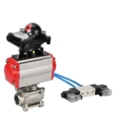 Кран шаровой DN.ru BV3232P(3pc)-FP-W-ISO-H Ду65 Ру25, полнопроходной под приварку, нержавеющая сталь SS316, уплотнение - PTFE, с пневмоприводом PA-DA-083 двойного действия, с пневмораспределителем 4V320-08 AC220V, с БКВ APL-210N