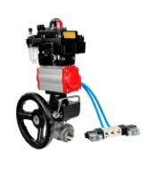 Кран шаровой DN.ru BV3232P(4pc)-SP-3WT-T-ISO-H WDVF Ду25 Ру63 стандартнопроходной, 3-ходовой Т-тип, внутренняя резьба, с пневмоприводом PA-DA-065, пневмораспределителем 4V320-08 AC220V, БКВ APL-410N EX, БПВ AFC2000 и ручным дублером MON1-250-T26-ISO