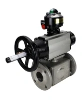 Кран шаровой DN.ru BV3232P(4pc)-FP-3WL-F Ду100 Ру16 полнопроходной трехходовой, фланцевый, корпус - нержавеющая сталь SS316, с пневмоприводом DN.ru PA-DA-105-1 двойного действия, пневмораспределителем 4M310-08 AC220V и БКВ APL-510N EX