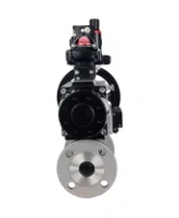 Кран шаровой DN.ru BV3131P(3pc)-FP-F-ISO-H Ду100 Ру16 полнопроходной трехсоставной, фланцевый, нержавеющая сталь 304, уплотнение - PTFE, 22х22, F10, WDVF, пневмопривод DN.ru PA-DA-105-1, пневмораспределитель 4M310-08 AC220V, БКВ APL-210N и БПВ AFC2000