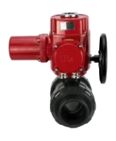 Кран шаровой DN.ru BV4242E-FP-GRM-ISO Дн50 Ру10 полнопроходной, корпус - НПВХ, шар - НПВХ, уплотнение - EPDM, с электроприводом взрывозащищенным DN.ru QT-EX-005M-O2-380VAC-У1 с моментной муфтой и штурвалом