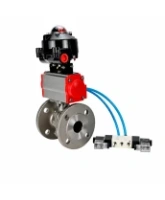 Кран шаровой DN.ru BV3232P(2pc)-FP-F-ISO-H Ду100 Ру16 фланцевый, полнопроходной, двухсоставной, корпус - нержавеющая сталь SS316, уплотнение - PTFE, с пн.приводом DN.ru PA-DA-105 пн.распределителем 4V320-08 AC220V БКВ APL-510N-EX
