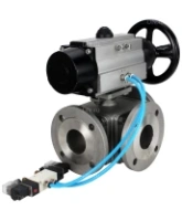 Кран шаровой DN.ru BV3232P(4pc)-FP-3WL-F Ду100 Ру16 полнопроходной трехходовой, фланцевый, корпус - нержавеющая сталь SS316, с пневмоприводом DN.ru PA-DA-105-1 двойного действия и пневмораспределителем 4V320-08 AC220V