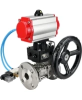 Кран шаровой DN.ru BV3131P(3pc)-FP-F-ISO-H Ду15 Ру40, трехсоставной полнопроходной фланцевый, нержавеющая сталь SS304, уплотнение - PTFE, с пневмоприводом PA-DA-052, с пневмораспределителем 4V320-08 AC220V, с ручным дублером MON1-250-T26-ISO