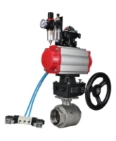 Кран шаровой DN.ru BV3232P(2pc)-FP-T-ISO-H Ду65 Ру40, внутренняя резьба, полнопроходной, нержавеющая сталь SS316, PTFE, с пневмоприводом PA-DA-083, пневмораспределителем 4V320-10 AC220V, БКВ APL-210N, ручным дублером MON2-450-T28-ISO, БПВ AFC2000